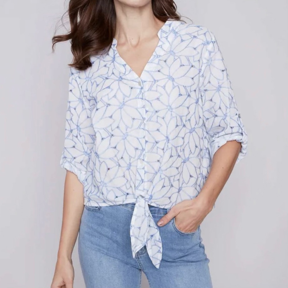 CHARLIE B White V-Neck Front Tie Top with Embroidered Blue Floral Pattern, Sz M